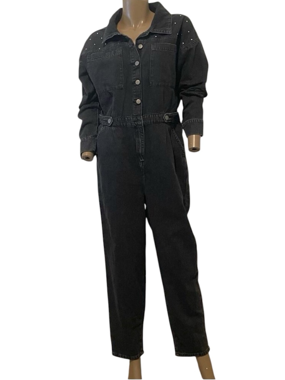 Savannah Miller Next denim studded utility jumpsuit coverall 10 medium P 7060